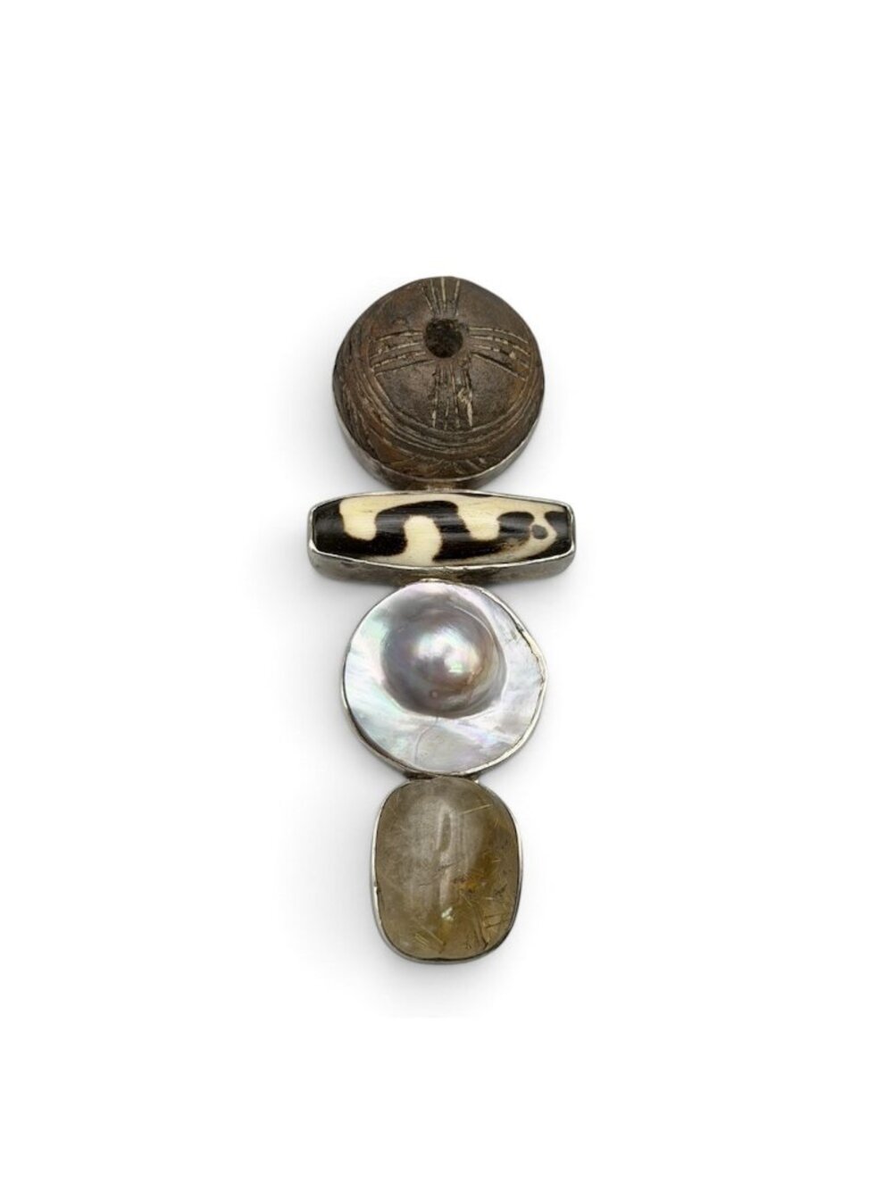 Rebecca Collins Sterling Silver Brooch Pendant Dzi Agate Mabe Pearl Quartz Tx